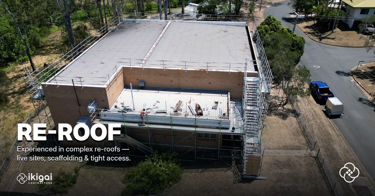 Ikigai re-roof project graphic from the LinkedIn post: aerial view of a re-roof in progress